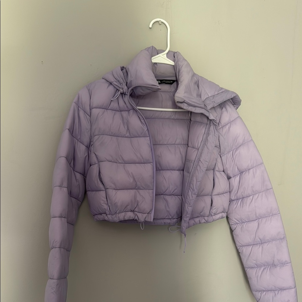 Zara Purple Cropped Puffer Jacket with High Collar